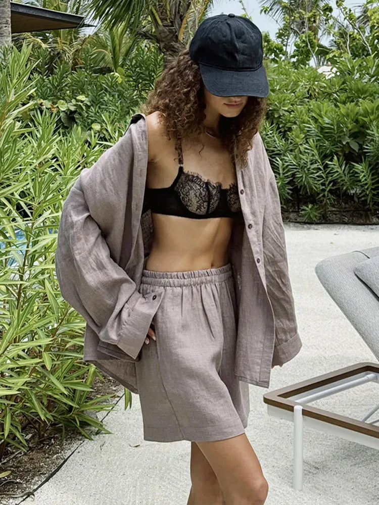 2026 Women Casual Solid Cotton Linen Pant Set Chic Laple Single Breasted Long Sleeve Shirt Elasticity Waist Pant New 2 Piece Set