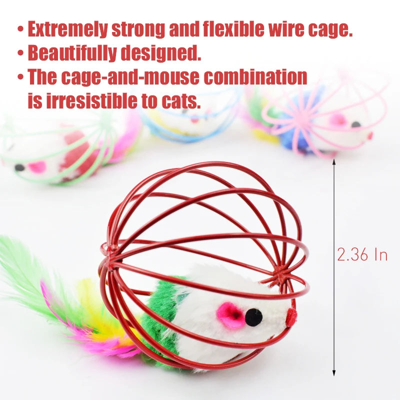 Interactive Cat Toy, Indoor Mouse Toy with Wire Cage for Tossing and Self Play, Boredom Buster for Cats