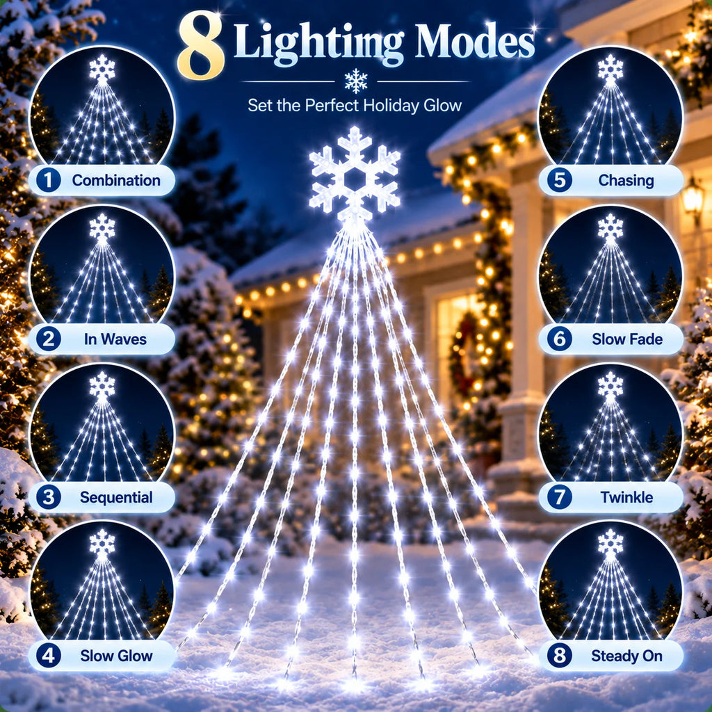 Christmas Snowflake Waterfall Lights Solar Powered 200/290LED 8 Modes Curtain Garland for Tree Window Garden Patio Holiday Decor