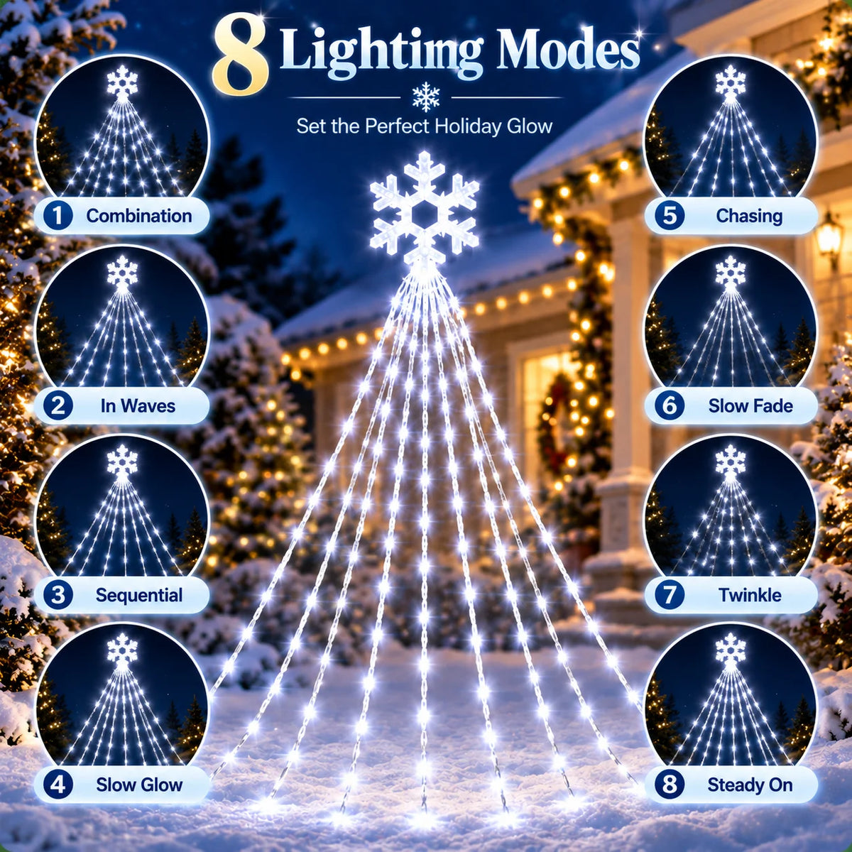Christmas Snowflake Waterfall Lights Solar Powered 200/290LED 8 Modes Curtain Garland for Tree Window Garden Patio Holiday Decor