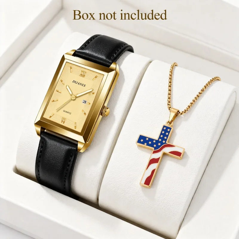 2pcs/set Mens Watches + Necklace Fashion Brand Square Quartz Watch for Man Business Casual Leather Belt Clock Men Gift Relogios