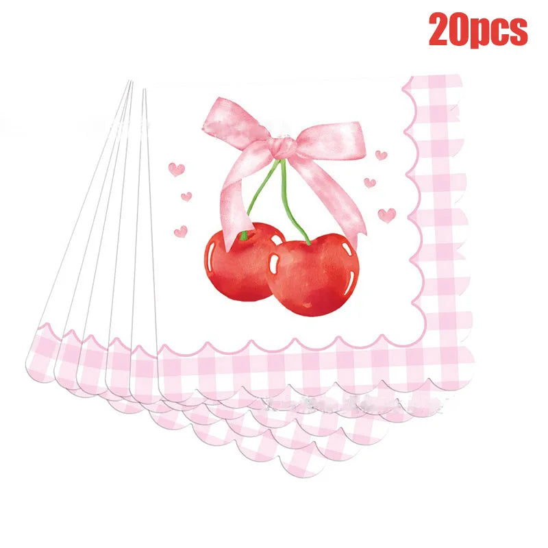 Sweet Cherry Party Disposable Tableware Pink Bow Gingham Plates Cups Napkins For Girl Happy Birthday Princess Baby Shower
