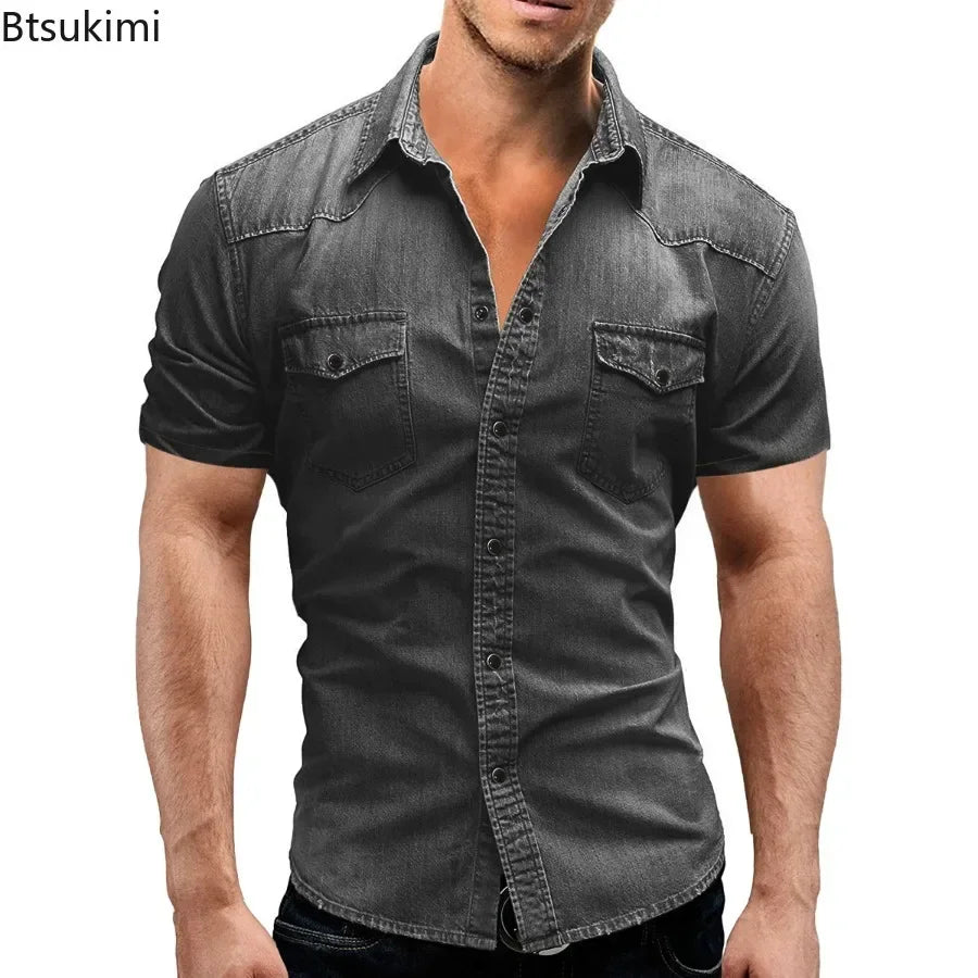 New 2026 Men's Denim Shirt Fashion Short Sleeve Soft Solid Slim Cowboy Tops Men Trend Streetwear Vintage Casual Cardigan T-shirt