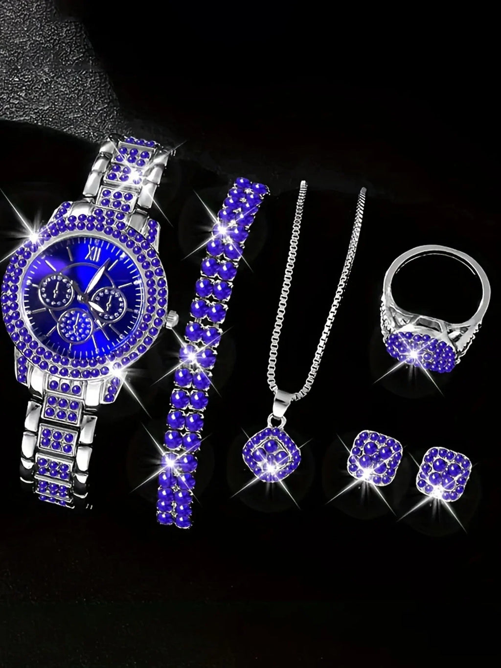 6pcs Luxurious diamond-studded bracelet watch set for women, featuring a quartz wristwatch with five exquisite pieces.