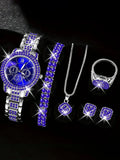 6pcs Luxurious diamond-studded bracelet watch set for women, featuring a quartz wristwatch with five exquisite pieces.