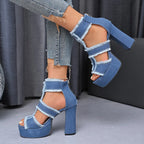 Summer Women Sandals New Platform Blue Denim Ankle Strap High Heels Shoes for Women Fashion Outdoor Sexy Peep Toe Sandals Women