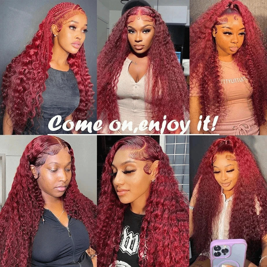 99j Burgundy Curly 13x6 Hd Lace Frontal Human Hair Wig Deep Wave Real Colored Brazilian Pre Plucked Wigs For Women 250 Density