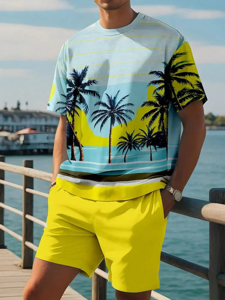 Summer men's two-piece set Hawaii fashion casual men's T-shirt outdoor beach men's shorts palm tree print O-neck short sleeved l