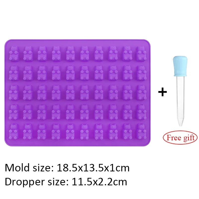 50 Grids Gummy Bear Mold Silicone Cute Bear Jelly Mould with Dropper Candy Chocolate Fondant Moulds DIY Baking Decoration Tools