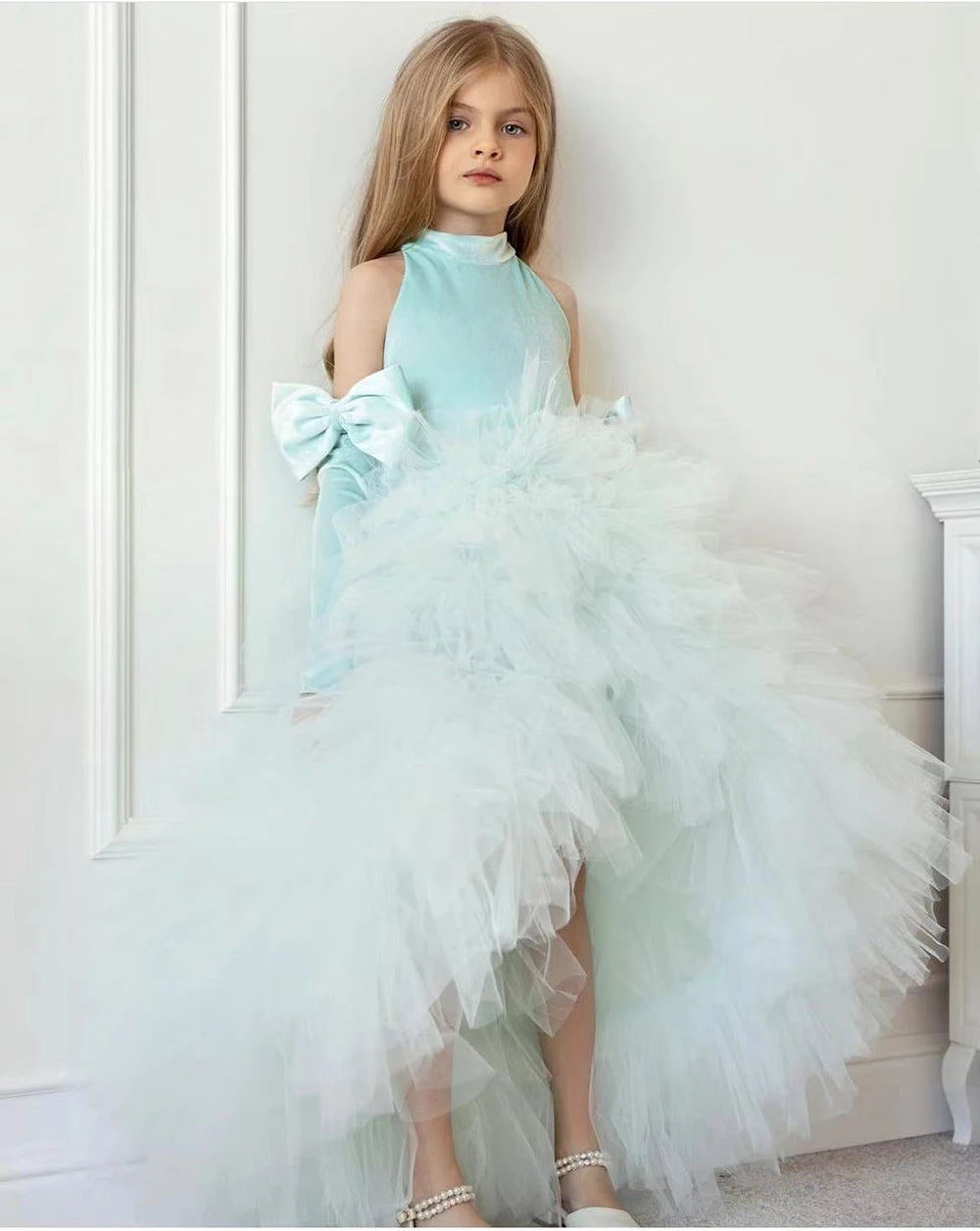 Black Tulle Puffy Flower Girl Dresses For Wedding With Bow Birthday Party Ball Pageant First Communion Dresses for Girls