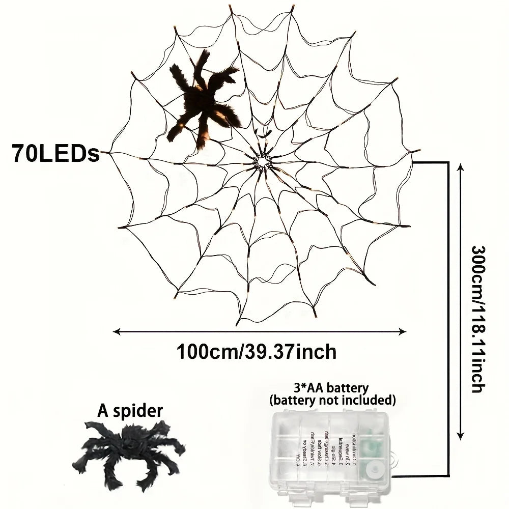 Giant Luminous LED Spider Web String Lights with Plush Spider, Creepy and Spooky Window Haunted Halloween Decorations
