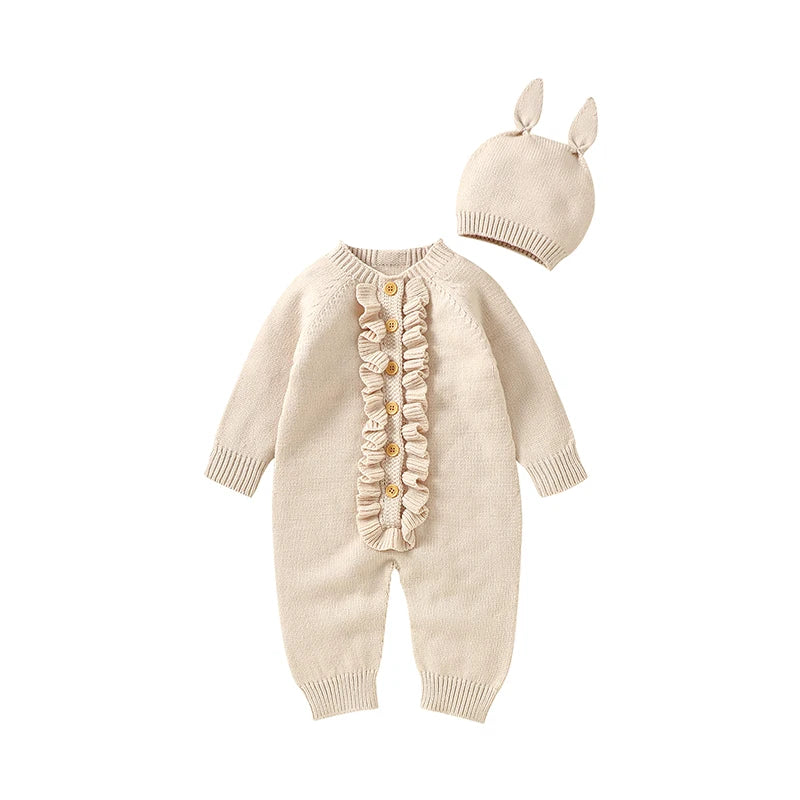 Infant Baby Rompers Knit Newborn Girl Boy Jumpsuit Long Sleeve Autumn Toddler Child Clothes Hat 0-18M Fashion Solid 2PC Overalls