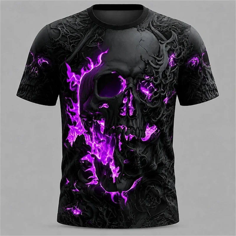 Men's Summer Skull-Printed Horror-Themed Crew-Neck T-Shirt Fashionable Trendy Street-Style Short-Sleeve Top for Halloween