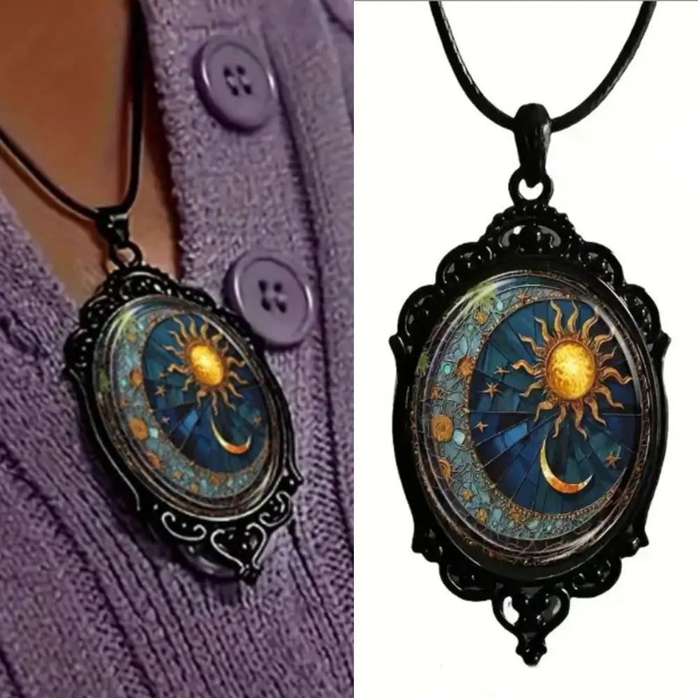 Gothic Glass Pendant Necklace for Women Sun Moon Punk Style Charm Necklace Vintage Cameo Rope Chain Witch Accessories
