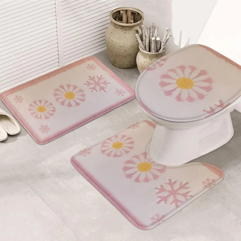 3pcs Korean Style Home Toilet U-Shaped Floor Mat Toilet Lid Mat Bathroom Door Mat Absorbent Carpet Flannel Anti Slip Mat
