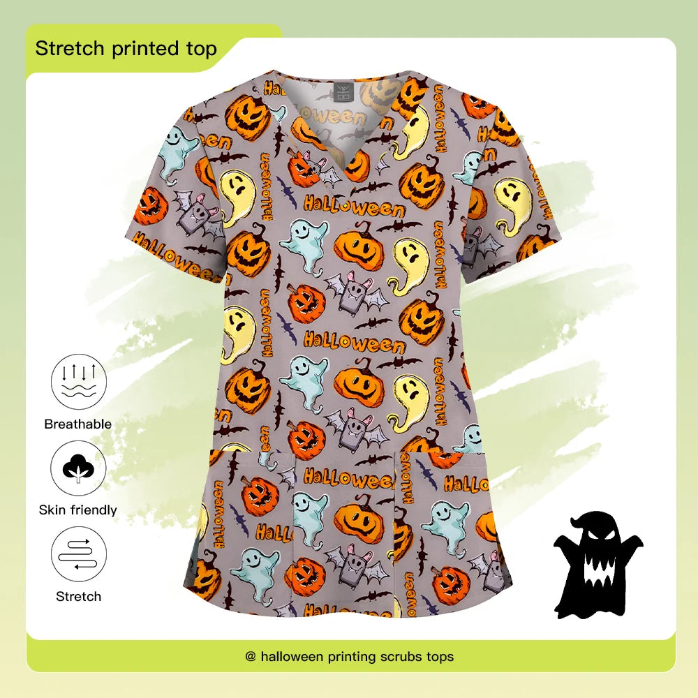 Christmas Print Scrubs Tops Women Short Sleeve V-neck Blouse Nurse Uniforms T-Shirt Medical Working Uniform Veterinary Workwear