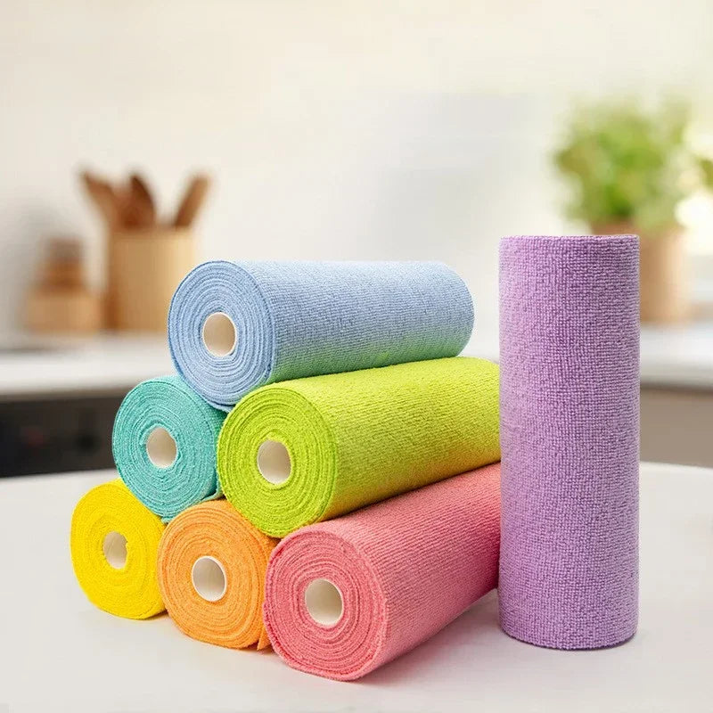 1Roll 20Sheets Reusable Microfiber Cleaning Wipes Household Kitchen Dish Rags Towel Rolls Wash Paper Towel Replacement Lint-Free