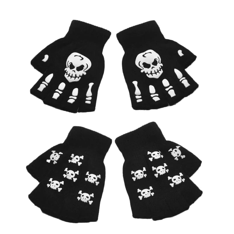 New Punk Gloves Unisex Halloween Skeleton Skull Half Finger Gloves Glow In The Dark Fingerless Stretch Knitted Winter Mittens