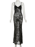 Weird Puss See Through Dress Women Backless Hollow Flower Print Patchwork Solid Sleeveless Sexy Midnight Clubwear Party Vestidos