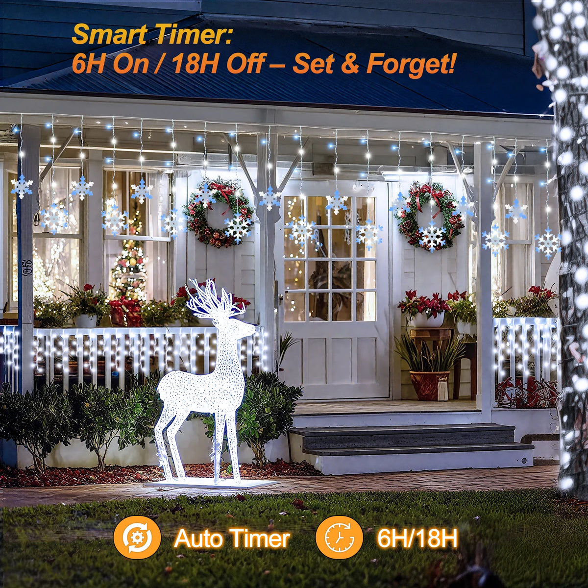 Snowflake Christmas String Lights 13Ft 192 LED, 8 Modes Window Lights with Timer & Memory, 3-Set Connectable Waterproof for Bedroom Wall Wedding Party Decor, Warm White