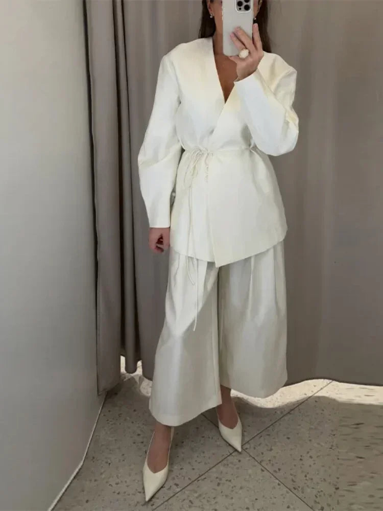 Women Elegant Solid Lace-up Blazer Set Lady Chic V-neck Full Sleeve Loose Coat Wide-leg Pants Suit 2026 Casual Commute Outfit