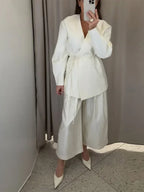 Women Elegant Solid Lace-up Blazer Set Lady Chic V-neck Full Sleeve Loose Coat Wide-leg Pants Suit 2026 Casual Commute Outfit