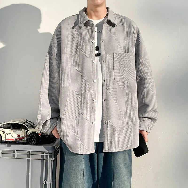 Men's plus Size Casual Long Sleeve Shirt Single Breasted Solid Color Loose Fit Button down Top Jacquard Fabric Fall Fashion M-XX
