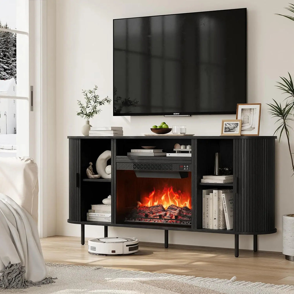 ONBRILL 63" Fluted Electric Fireplace TV Stand w/23" LED Flame Heater for Living Room, Media Console Storage Cabinet