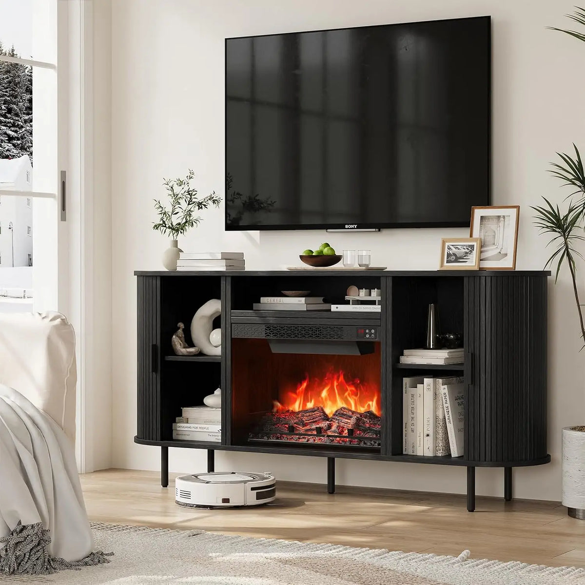 ONBRILL 63" Fluted Electric Fireplace TV Stand w/23" LED Flame Heater for Living Room, Media Console Storage Cabinet