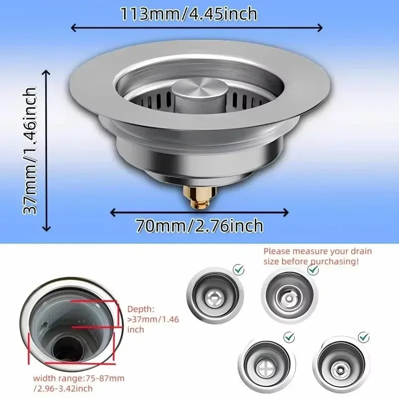 3 in 1 Kitchen Sink Drain Strainer Stainless Steel Pop-Up Sink Stopper Removable Sink Stopper Anti Clogging Sink Food Strainer