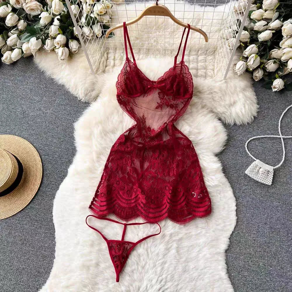 Valentine Party Sleepwear Combination Catsuits Slim Intimate Erotic Mesh Strappy Rompers Women Bodysuits Lingerie Sexy Sets