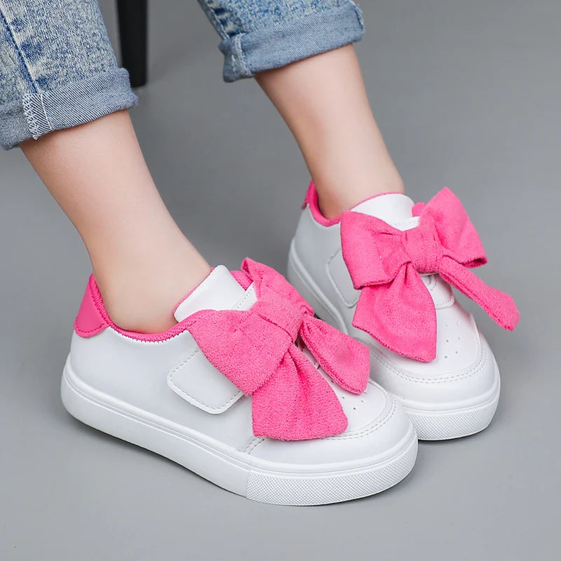 Little Kids Sneakers for Girls 2026 Spring Autumn Fashion White Skate Shoes Girls Casual Shoes with Big Pink Bow-knot Hot Sale