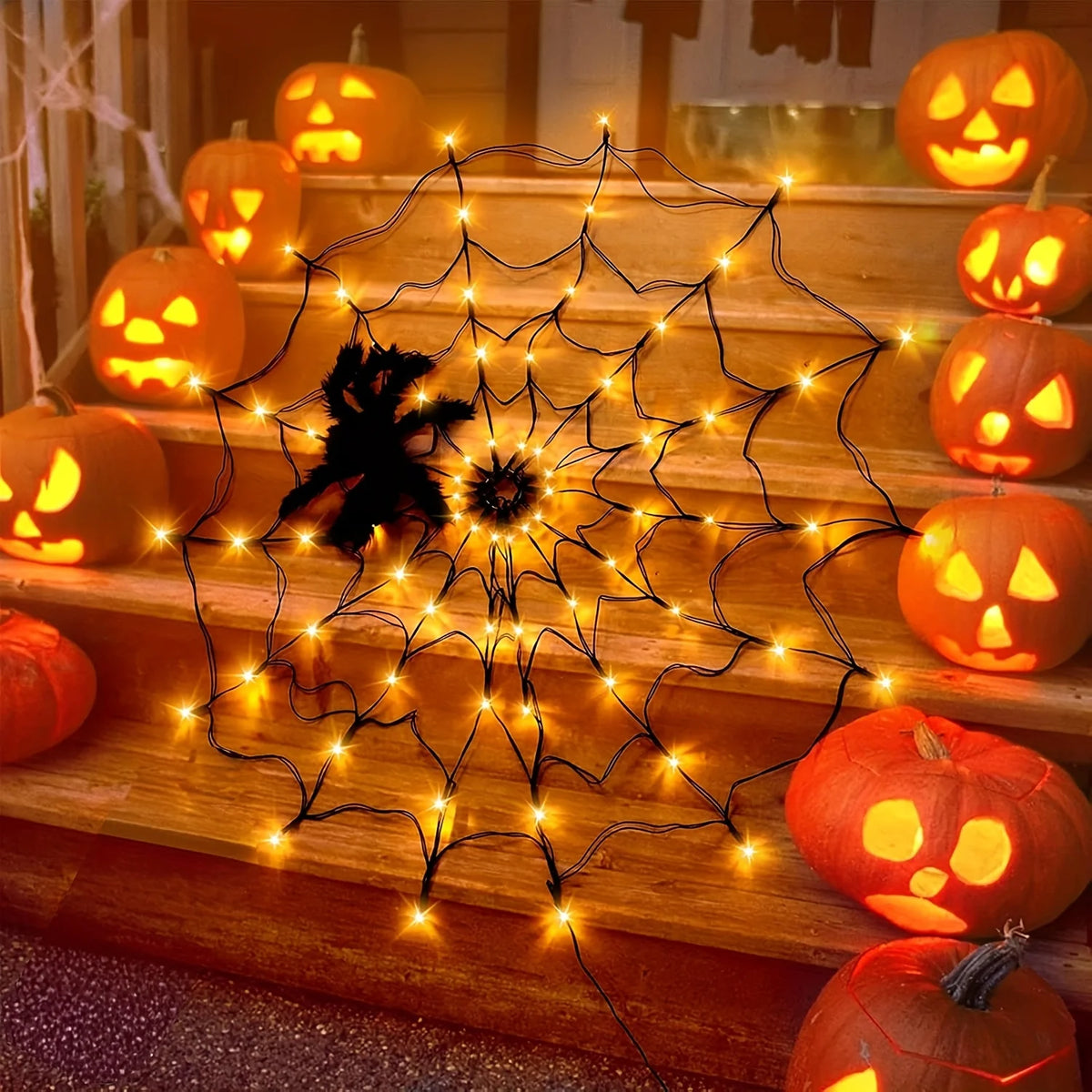 Giant Luminous LED Spider Web String Lights with Plush Spider, Creepy and Spooky Window Haunted Halloween Decorations