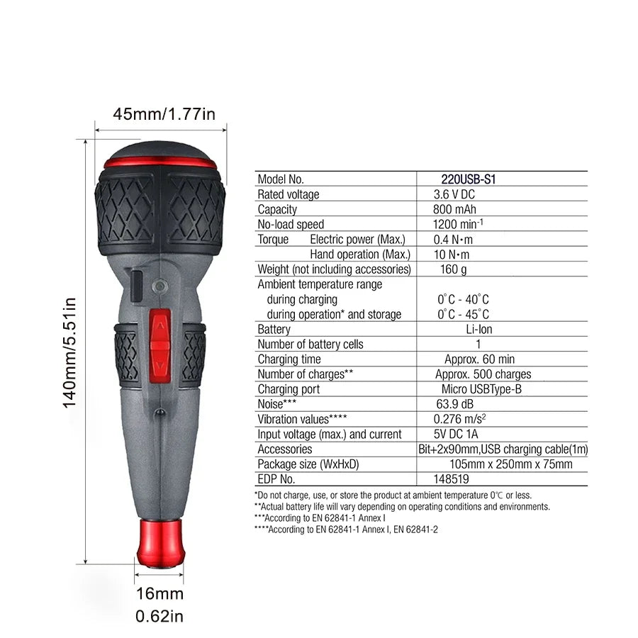 VESSEL Multifunction Cordless 3.6V Lithium Hoist Handle Screwdriver Set 220USB-6C 220USB-1C 220USB-S1 220USB-P1