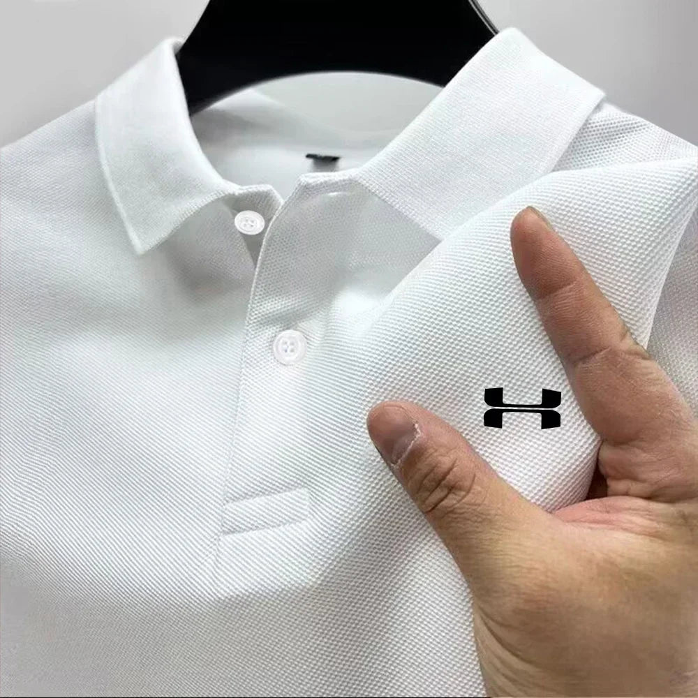 Men's Summer High-End Printed Golf Polo Shirt with Collar, Solid Color, Breathable, Office Casual, High-Quality Men's Clothing