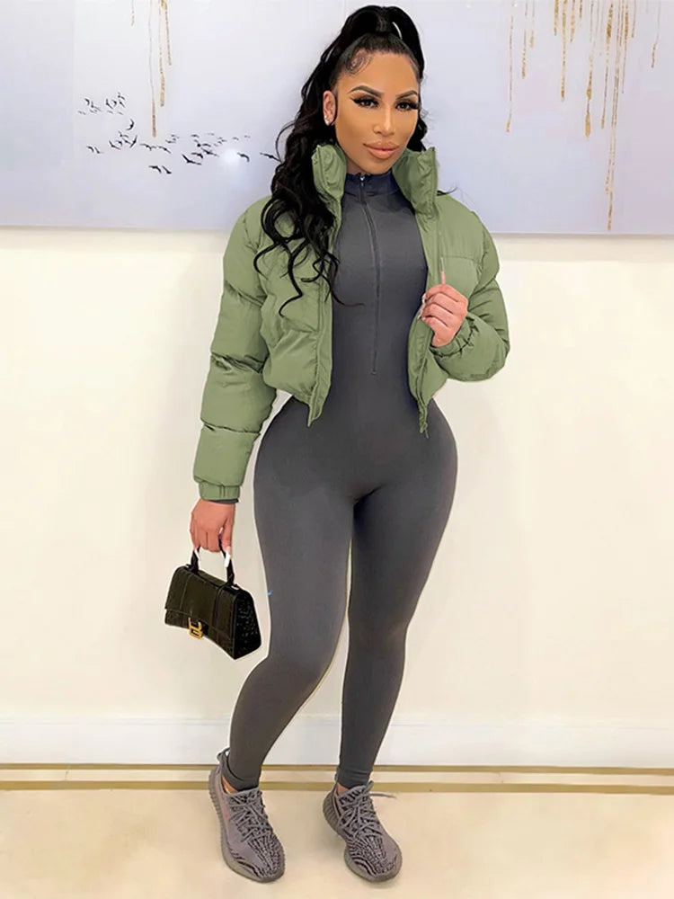 Cotton Padded Coat Women Patchwork Puffer Parka Outwear Solid Color Winter Warm Zipper Crop Top Jacket Chaqueta Mujer