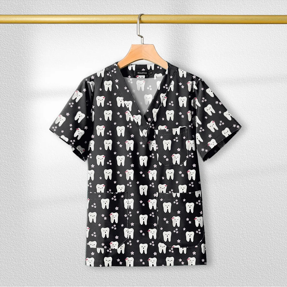 Short Sleeve V Neck Print Christmas Uniform Nursing Tops Male Scrub Nurse Working Uniforms T-Shirts Workwear Women Beauty Scrubs