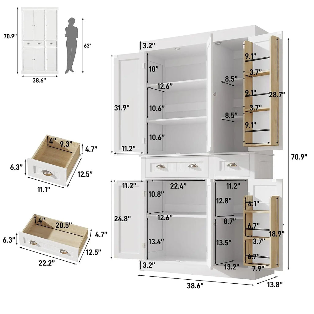 71in Kitchen Pantry Cabinet Doors & Adjustable Shelves, Freestanding Storage 2 Drawers for Dining Living Hallway, Customized