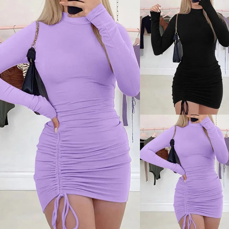 Women's Dresses Outfits Women's Dress Long Sleeve Solid Color Drawstring O-Neck Tight-Fitting Vestidos De Fiesta Elegantes 2025
