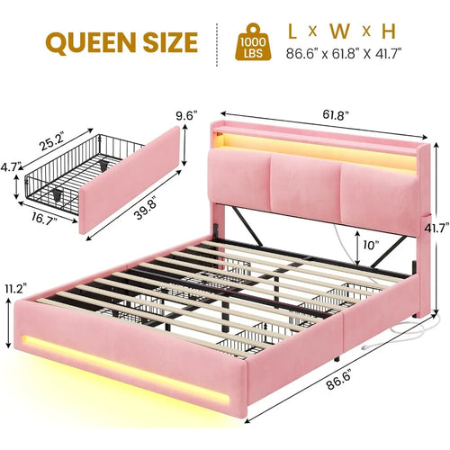 USA Stock Queen Size Bed Frame with Storage Headboard 4 Drawers USB Type C Charging Station LED Lights Velvet Upholstered