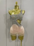 Luxury Sparkly Rhinestones Sexy Mesh Tassels Bodysuit Gloves Women Eveing Birthday Party Nightclub Performance Stage Costume