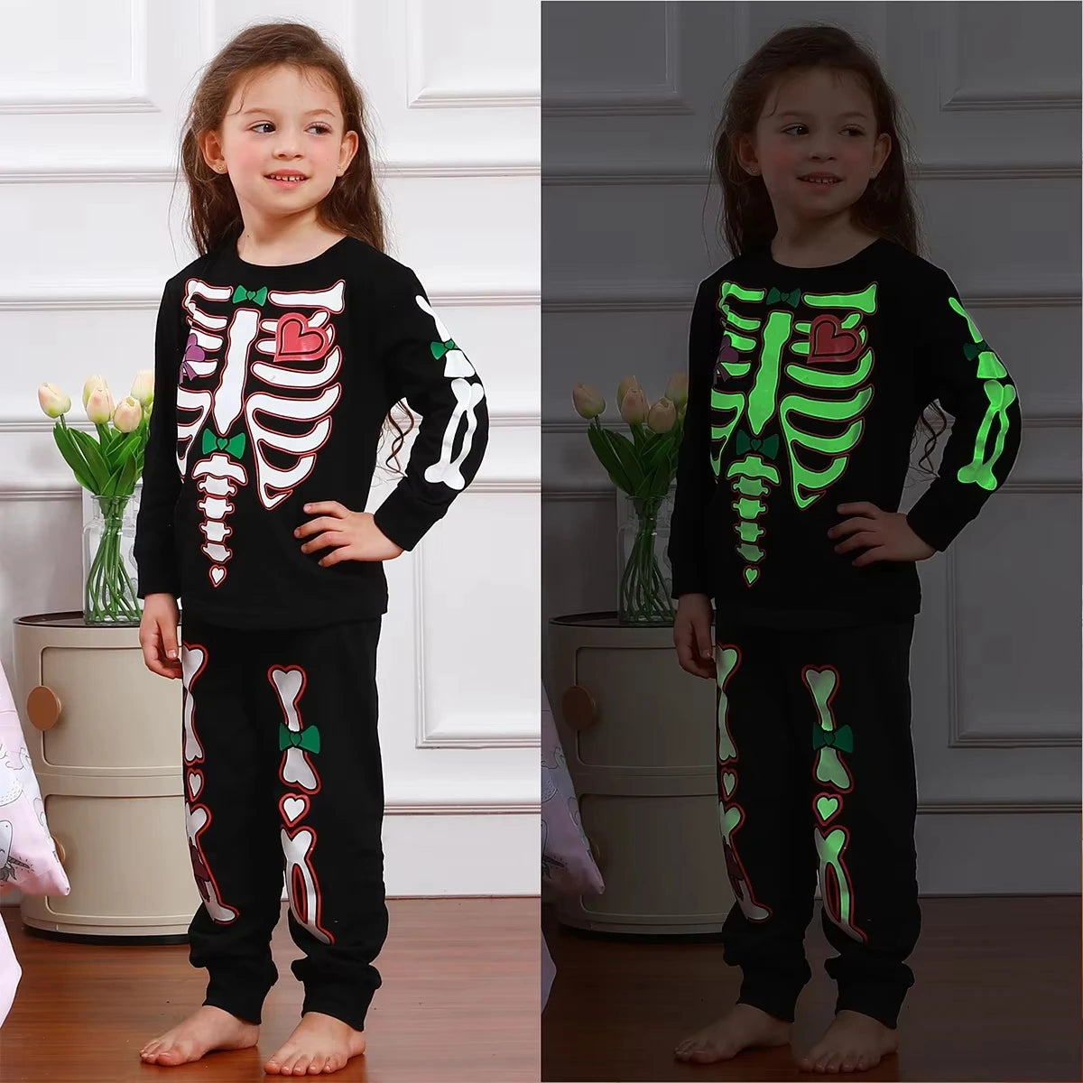 Halloween Pajamas for Kids Girls Pyjamas Set Skull Glow Party Gift Pjs Toddler Skeleton Cosplay Carnival Fancy Dress Nightwear