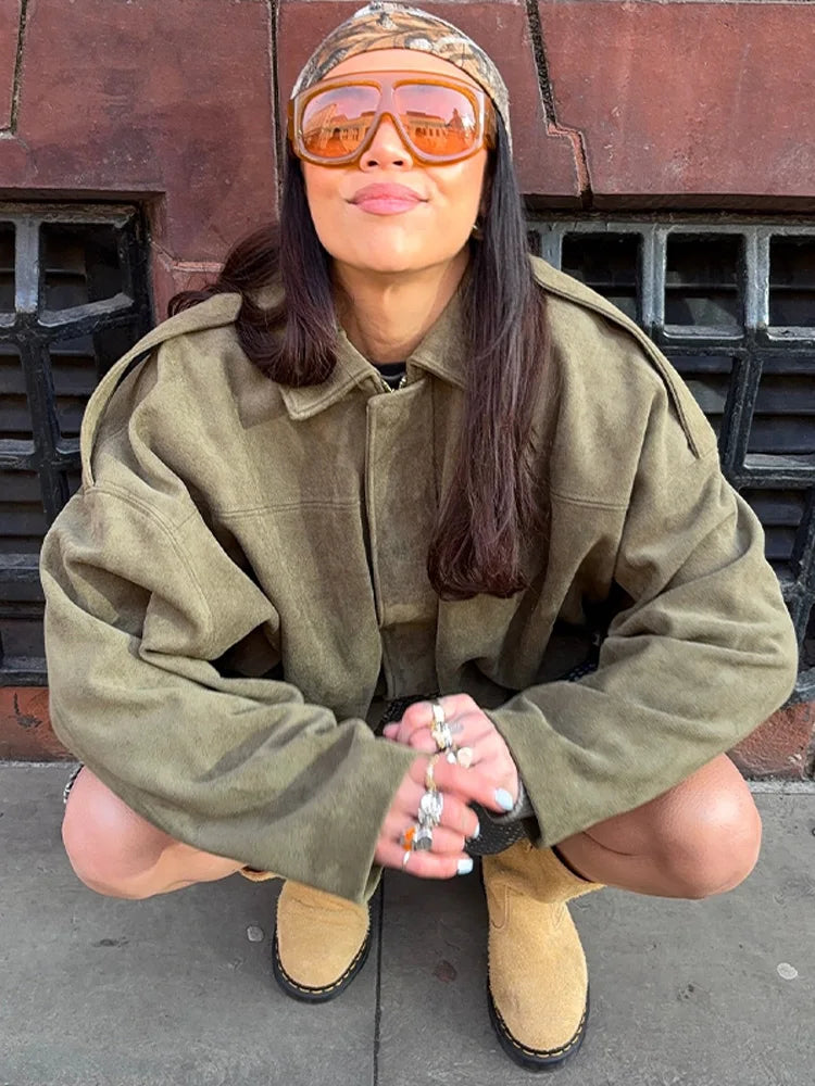 Vintage Brown Women's Suede Jacket Women Zipper Long Sleeve Pocket Loose Short Bomber Coat 2025 Spring Lady High Street Outwear