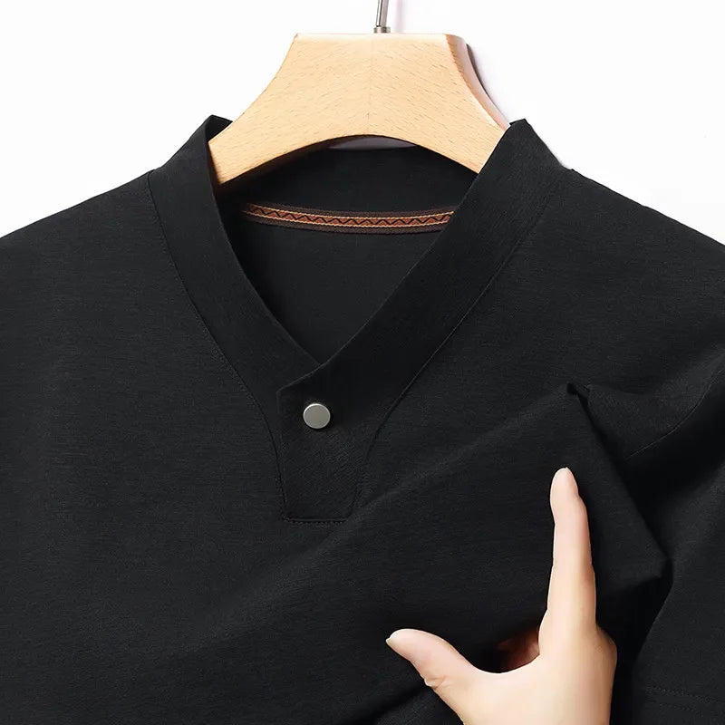 2026 Korean Style Men's Casual and Fashionable One Button V-neck Solid Color Short Sleeved T-shirt Summer Versatile Top