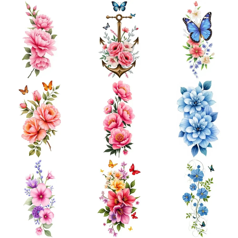 9pcs Colorful Flower Temporary Tattoos Stickers 3D Disposable Body Arm Tatoo Sticker Men Women Waterproof Fake Tatoos