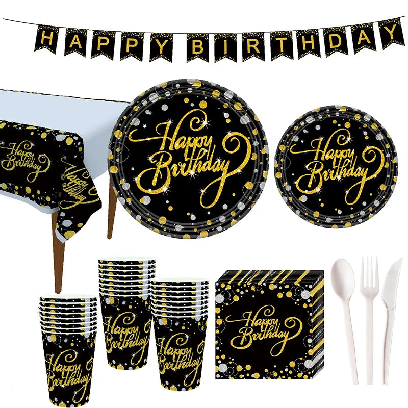 Gold Black Party Happy Birthday Banner Disposable Tableware Pink Paper Cups Plate Napkins For Kids Birthday Party Decor Supplies
