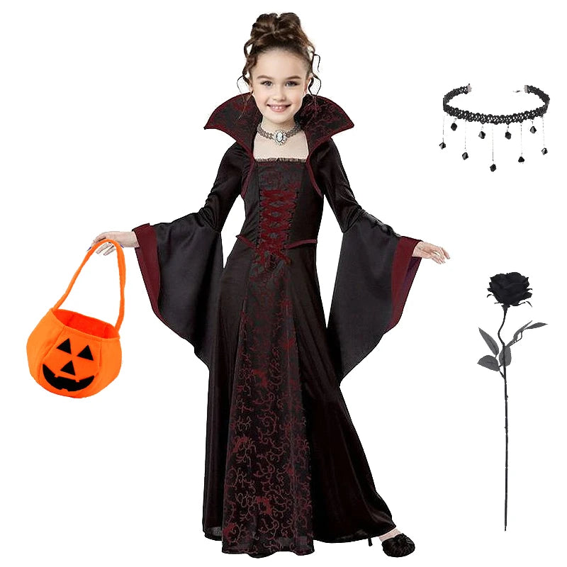 Halloween Costume Girl Fancy Skeleton Rose Print Dress Halloween Ghost Bride Vampire Cosplay Dress Kids Carnival Party Clothes