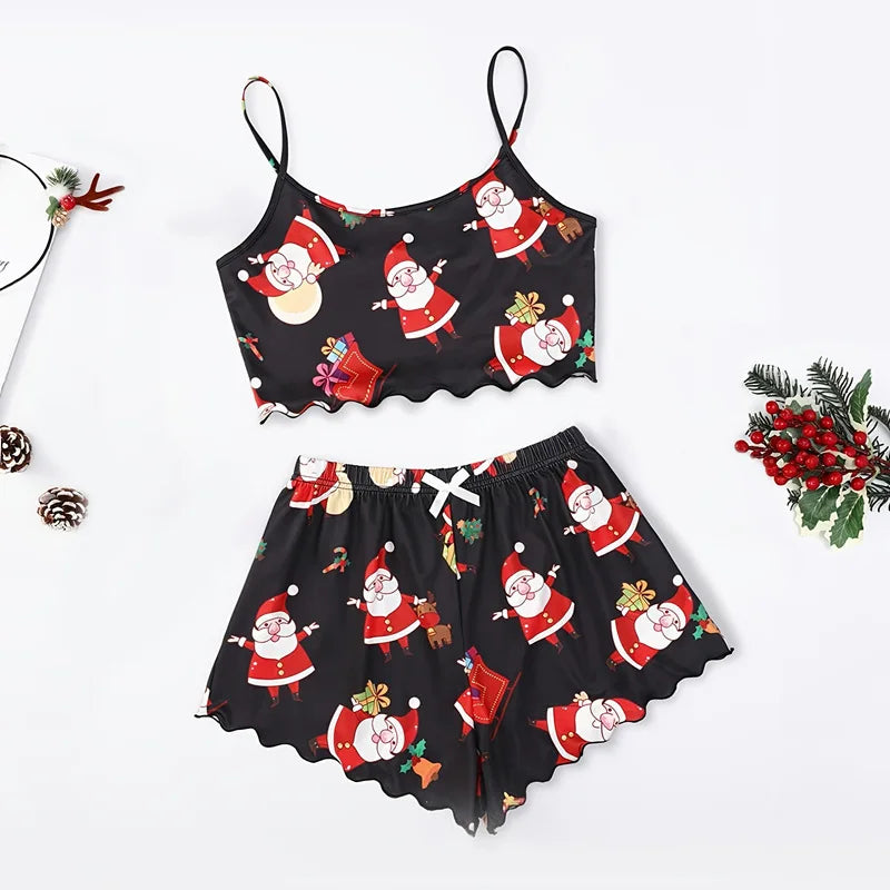 Santa Print Women's Sleepwear Soft Christmas Festival Cute Gingerbread Print 2 Pieces Pajama Set Crop Tops and Shorts Loungewear