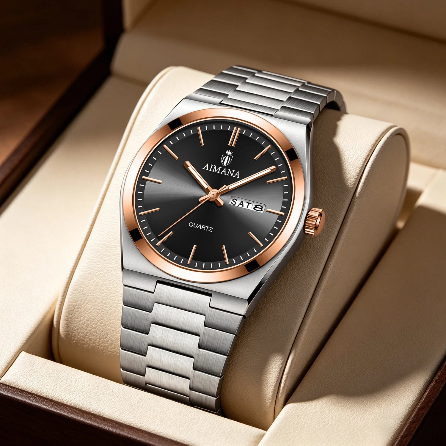 AIMANA Men's Luxury Stainless Steel Strap Watch Waterproof Luminous Date Casual Fashion Quartz Wristwatch Gift for Men