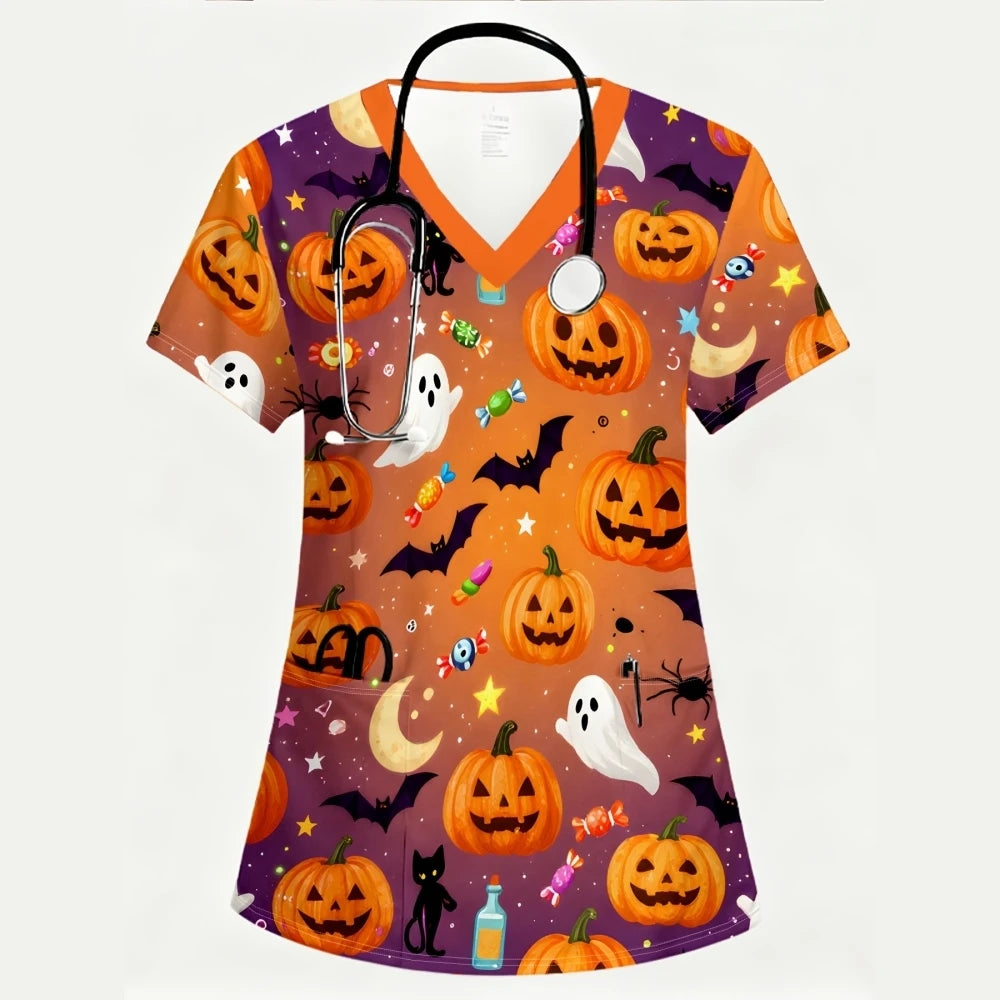 Women's Scrub Top Halloween Pumpkin Black Cat Ghost Print V-Neck Short Sleeve Pockets Medical Uniform Nurse Hospital Workwear